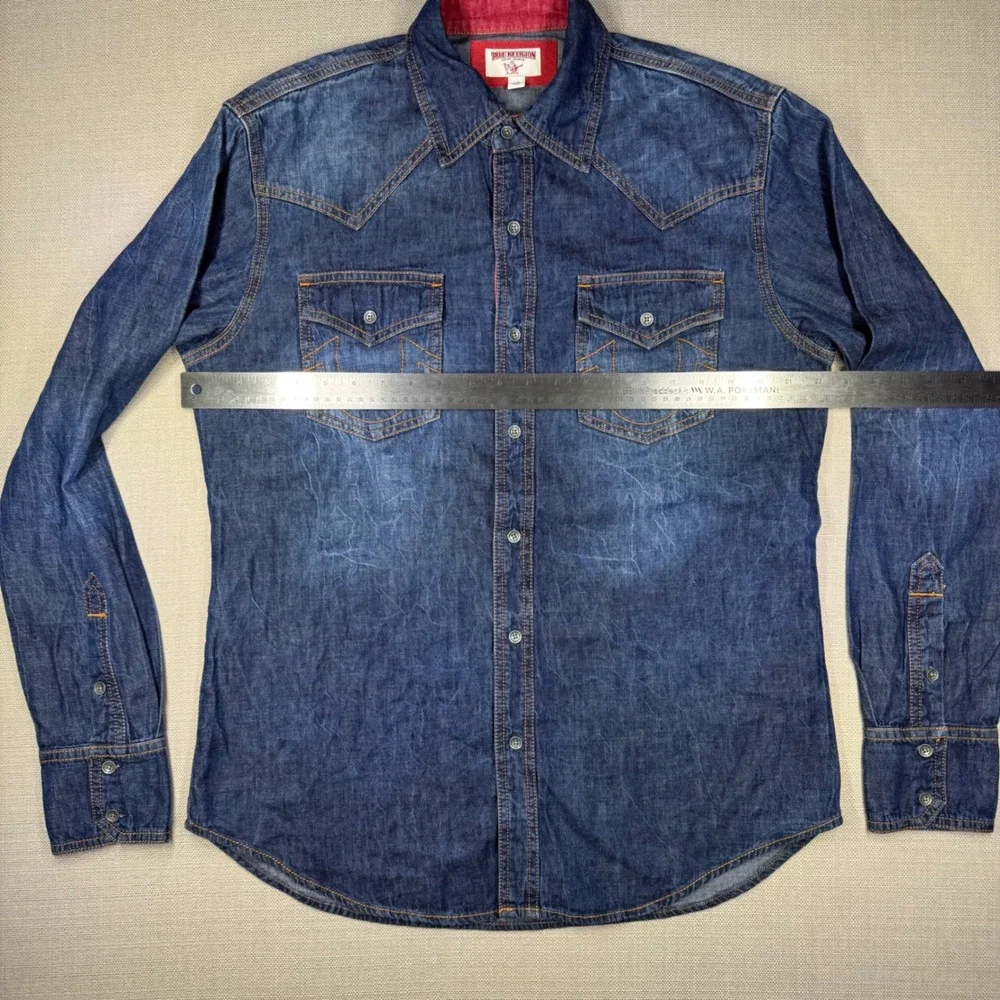True Religion Mens LS Western Denim Button Down Shirt Blue Red Trim Large